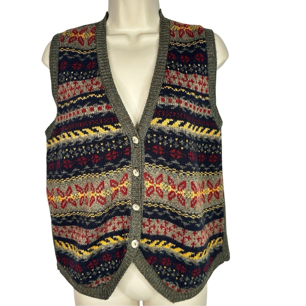 Vintage Norton McNaughton Fair Isle Sweater Vest L Button Front Grandpa Knit USA